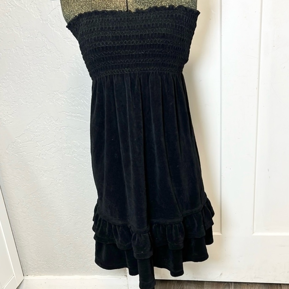 Y2K  VINTAGE JUICY COUTURE BLACK TERRY CLOTH RUFFLE BEACH MIDI DRESS MEDIUM
